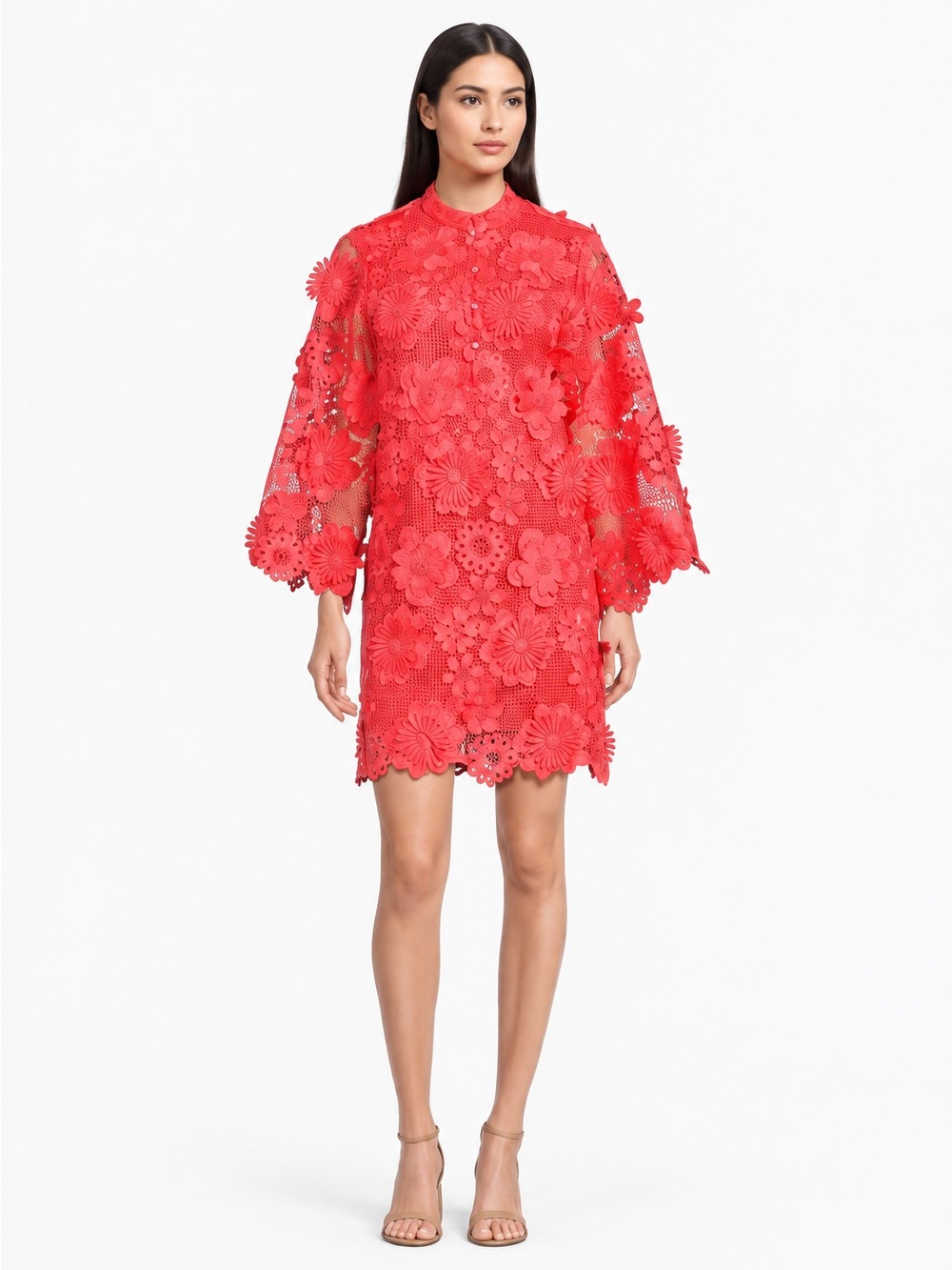 NWT J.Marie Seraphina Floral 3D Lace Split Round Button Up Neck Shift Dress Sz M